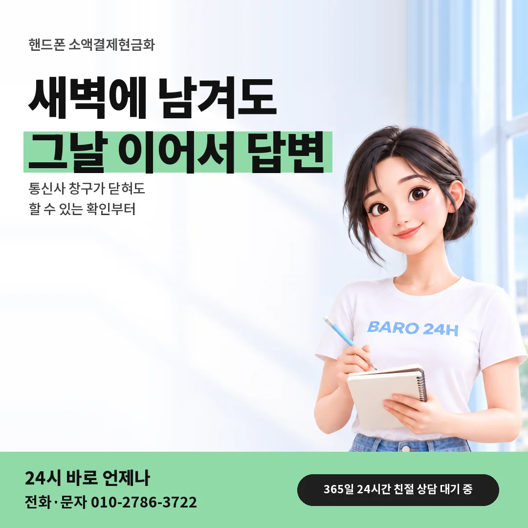BARO 24H 티셔츠를 입은 3D 인물 옆에 「핸드폰 소액결제현금화 새벽 주말 상담」 제목을 얹은 안내 카드