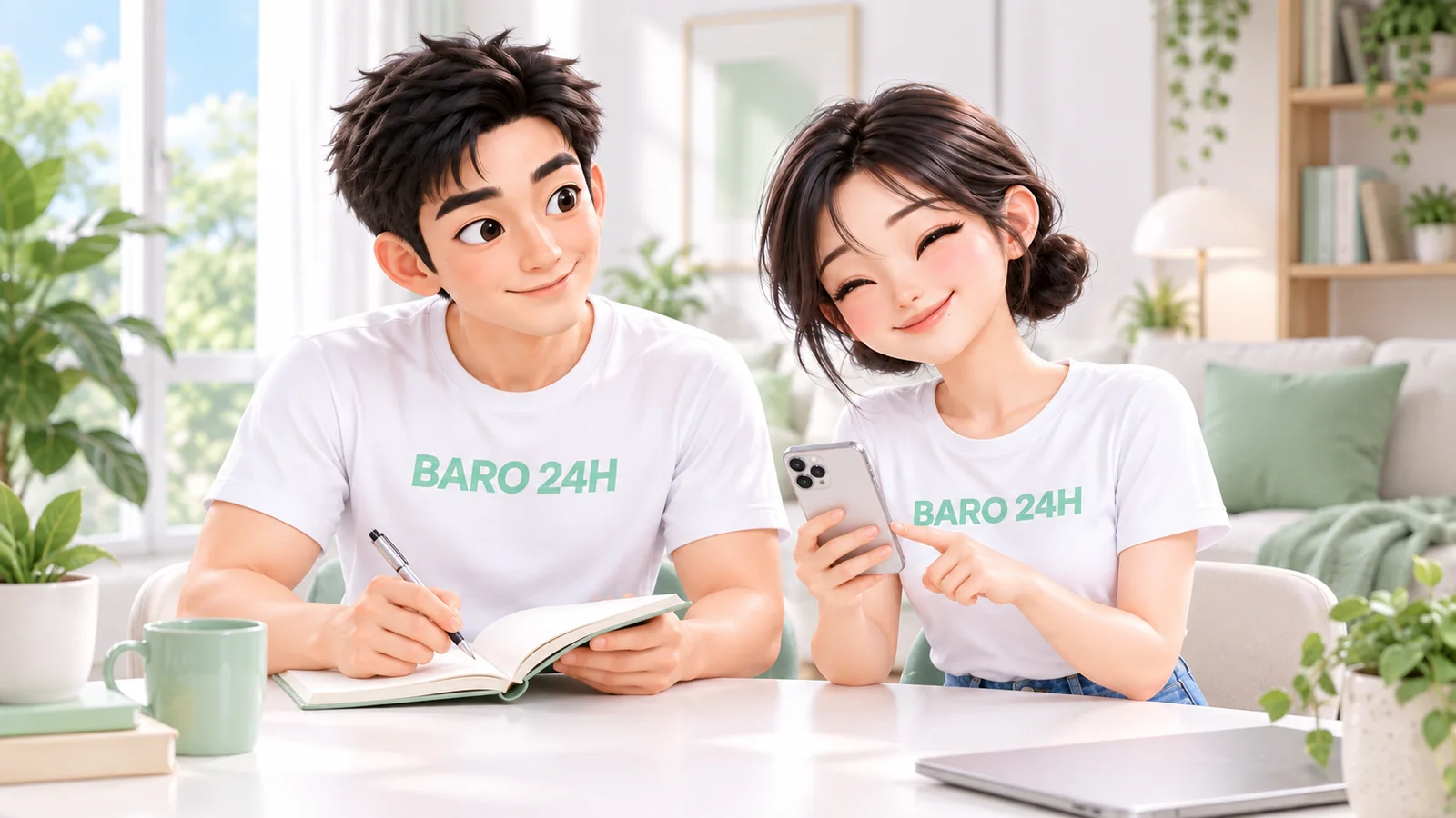 카페 같은 밝은 방에서 휴대폰과 노트북으로 상담 내용을 함께 보는 BARO 24H 티셔츠 차림의 3D 인물
